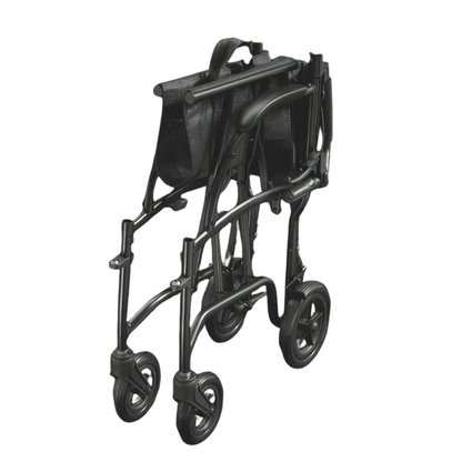 The Feather Ultralite Transport Chair - Only 13 lbs is shown folded on a white background, highlighting its compact four-wheel design for easy storage and transport.