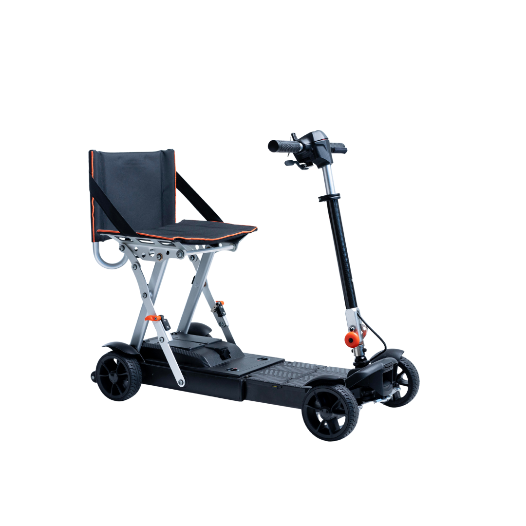 The Feather 27X Folding Portable Mobility Scooter weighs just 27 lbs, features four wheels, a black seat with armrests, handlebars, and folds easily for ultra-lightweight personal mobility and transport.