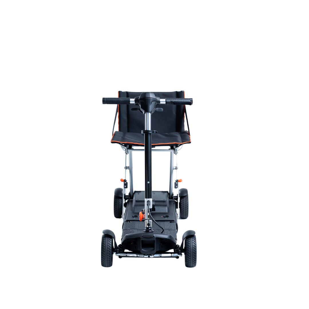 A front view of the Feather 27X Folding Portable Mobility Scooter, an ultra-lightweight, four-wheeled black scooter with handlebars and a sturdy frame, weighing only 27 lbs, shown on a white background.