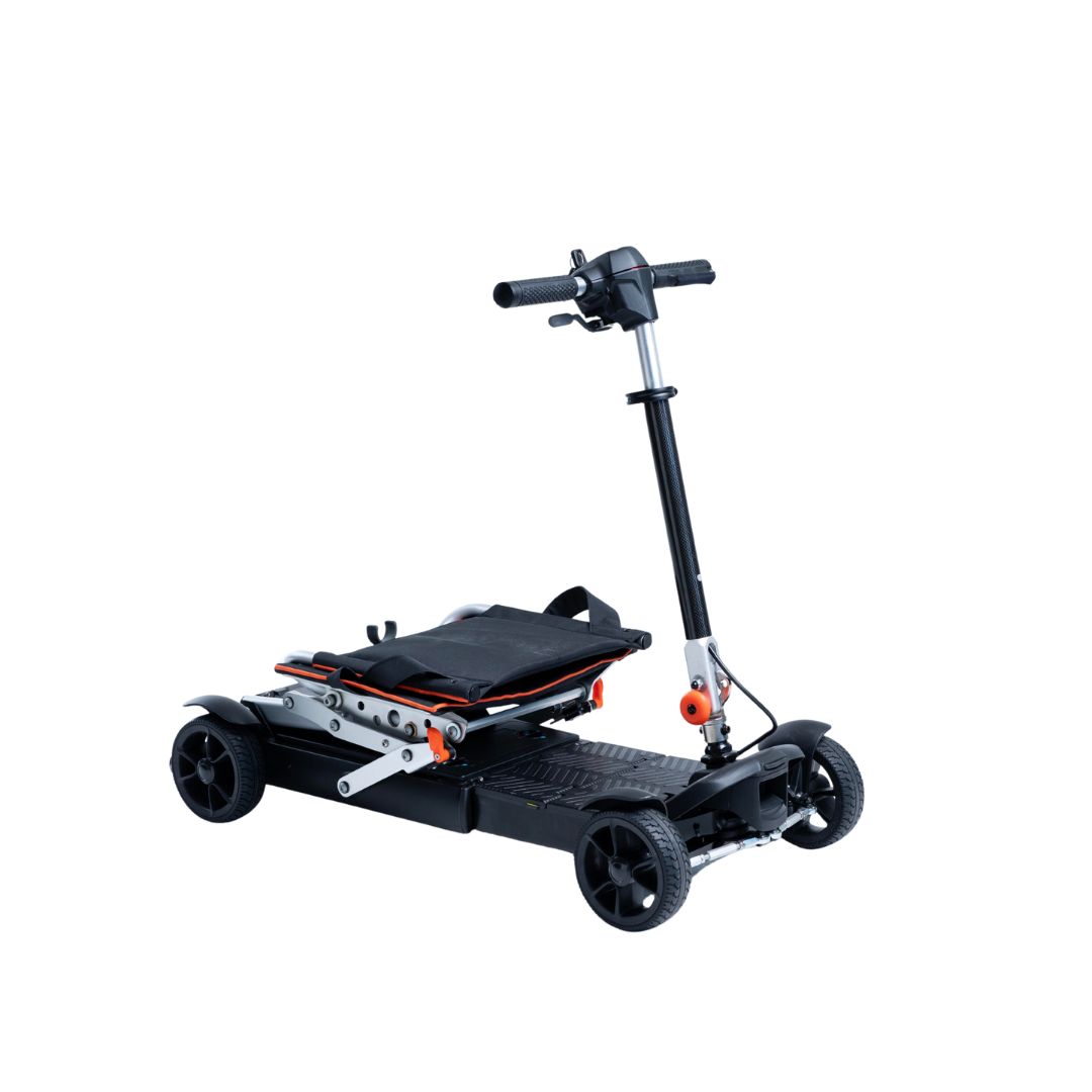 The Feather 27X Folding Portable Mobility Scooter, weighing just 27 lbs, is shown partially folded on a white background. It features a black and silver design with four wheels, a seat, and handlebars.