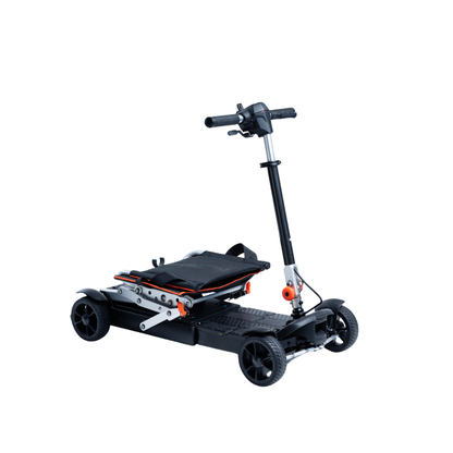 The Feather 27X Folding Portable Mobility Scooter, weighing just 27 lbs, is shown partially folded on a white background. It features a black and silver design with four wheels, a seat, and handlebars.