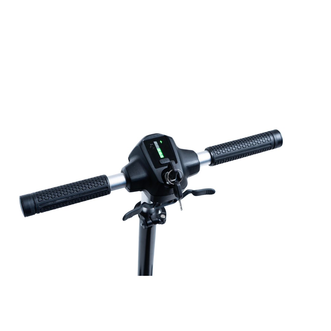 Close-up of the Feather 27X Folding Portable Mobility Scooter’s handlebar with textured grips, a central display, and an ignition key in the console, all set against a white background.