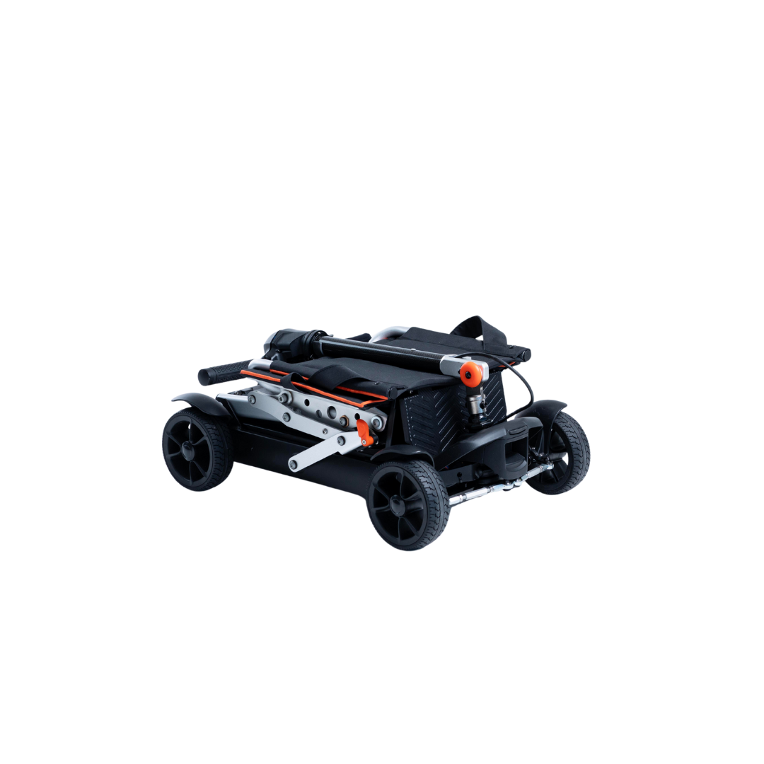 The Feather 27X Folding Portable Mobility Scooter, shown in black and orange from a side view with four wheels, weighs only 27 lbs—ideal for anyone seeking an ultra-lightweight and portable mobility solution.