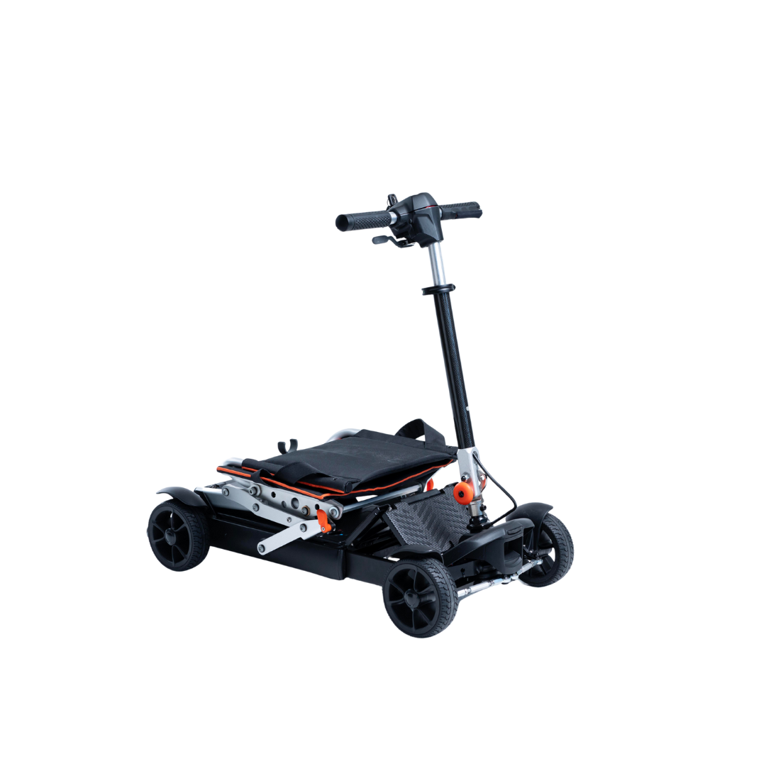 The Feather 27X Folding Portable Mobility Scooter, weighing just 27 lbs, features four wheels, handlebars, and a black seat. Shown partially folded on a white background, it's the lightest in its class and easy to transport.