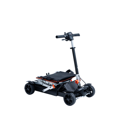 The Feather 27X Folding Portable Mobility Scooter, weighing just 27 lbs, features four wheels, handlebars, and a black seat. Shown partially folded on a white background, it's the lightest in its class and easy to transport.