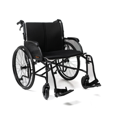 The Feather HD Ultralight Bariatric Wheelchair, weighing only 22 lbs, is shown in black with large rear wheels, smaller front casters, a padded seat and backrest, armrests, and footrests on a white background.