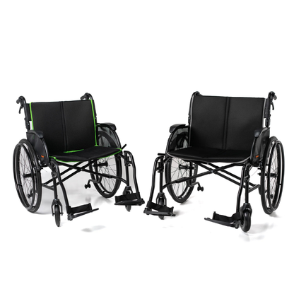 Two black Feather HD Ultralight Bariatric Wheelchairs (22 lbs each, 24-inch seats, no footrests) are side by side on a white background; one features green side accents.