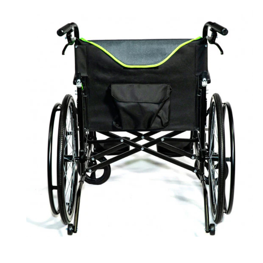 A rear view of the Feather HD Ultralight Bariatric Wheelchair (22 lbs) in black, featuring large rear wheels, push handles, a green-accented backrest, and a storage pouch attached to the back.