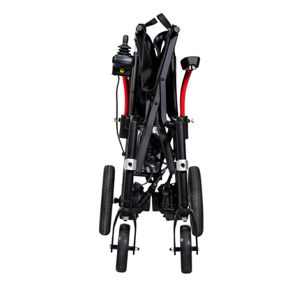 The Feather Powerchair - Ultralight Travel Approved Electric Wheelchair (only 33 lbs) features red armrests, small front wheels, large rear wheels, and a joystick control, shown from the back against a white background.