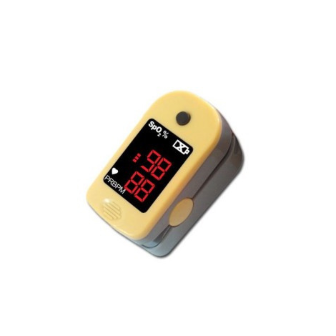 The Nova Medical Finger Tip Pulse Oximeter in yellow and gray displays SpO2, pulse rate, and PR bpm on a digital screen, serving as an oxygen saturation monitor for measuring blood oxygen levels and heart rate.