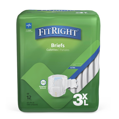 The FitRight 3XL Cloth-Like Adult Incontinence Briefs in green offer Maximum absorbency with EasyFlex Stretch. This pack includes 12 disposable briefs for waist sizes 65-84 inches and features Super and Ultra capabilities with advanced 4D Core technology, described in multiple languages.