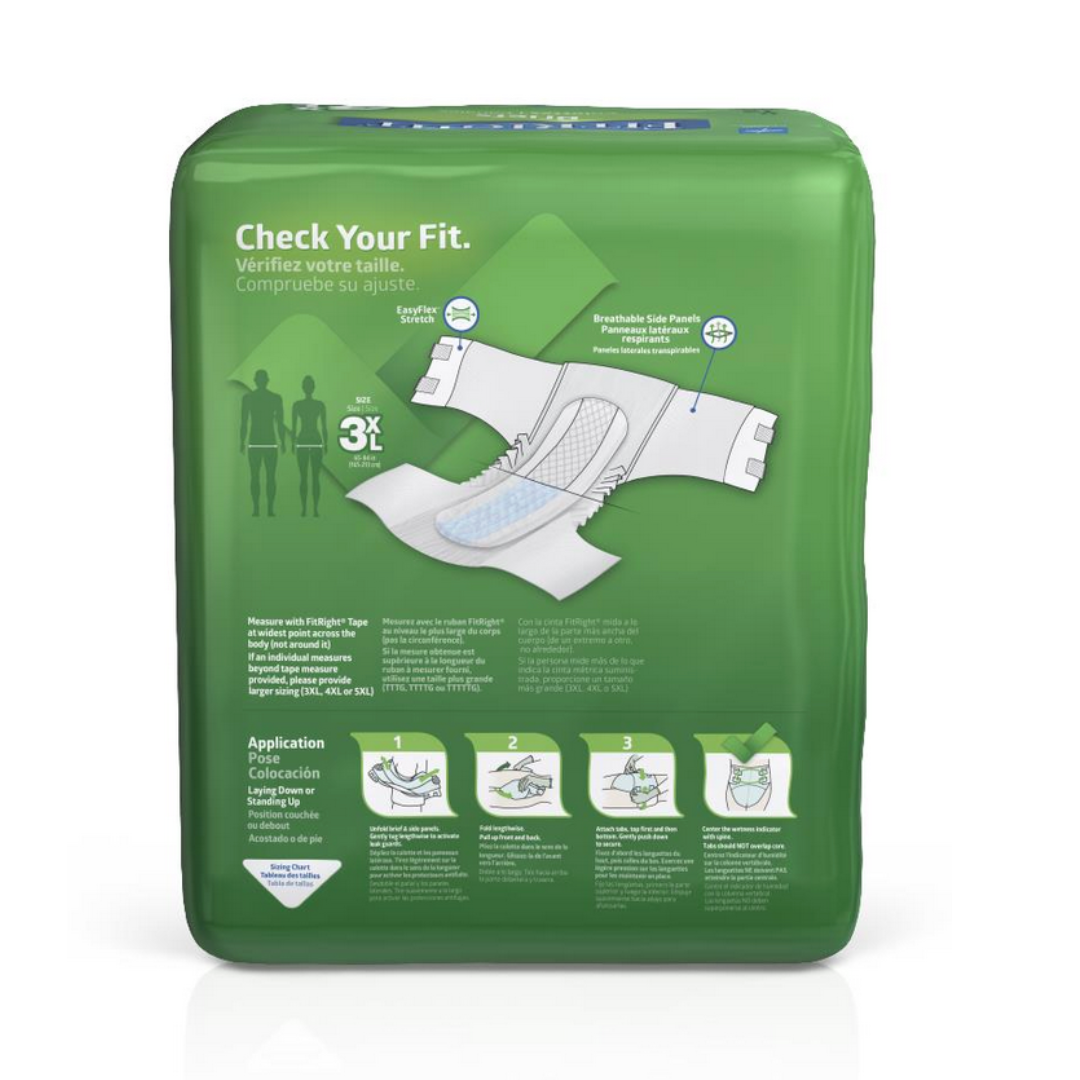 The FitRight 3XL Cloth-Like Adult Incontinence Briefs come in green packaging featuring an illustration of the product, usage instructions, and emphasize maximum absorbency with 4D Core technology. It highlights a customizable fit and breathability, with text in English and French.