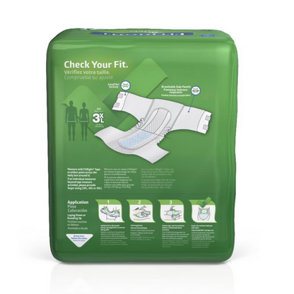 The FitRight 3XL Cloth-Like Adult Incontinence Briefs come in green packaging featuring an illustration of the product, usage instructions, and emphasize maximum absorbency with 4D Core technology. It highlights a customizable fit and breathability, with text in English and French.