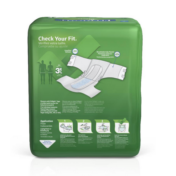 The FitRight 3XL Cloth-Like Adult Incontinence Briefs come in green packaging featuring an illustration of the product, usage instructions, and emphasize maximum absorbency with 4D Core technology. It highlights a customizable fit and breathability, with text in English and French.