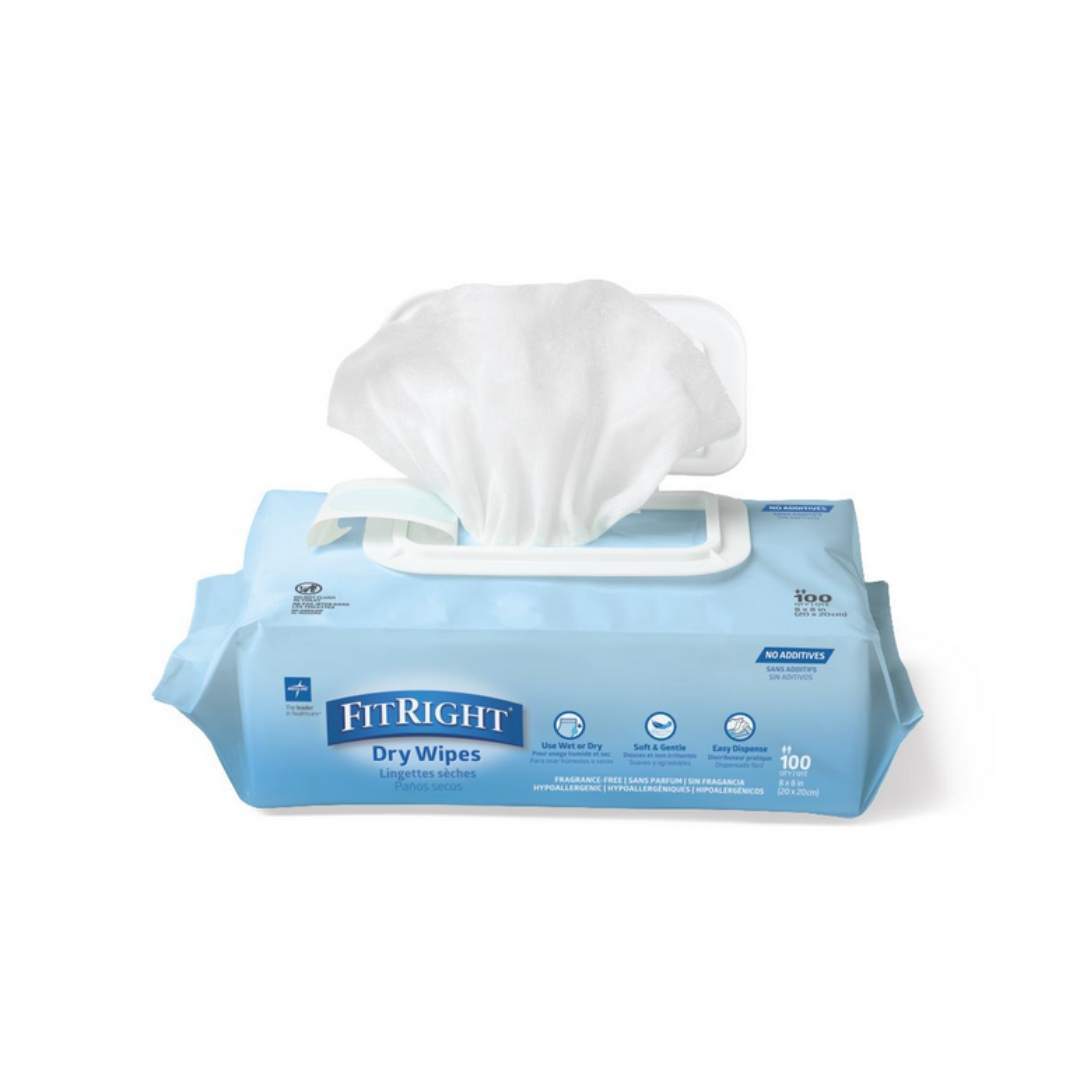 A package of FitRight Dry Wipes - Ultra-Soft Spunlace Fabric in light blue, with one wipe partially pulled out. The pack holds 100 large incontinence wipes and displays product details on the front.