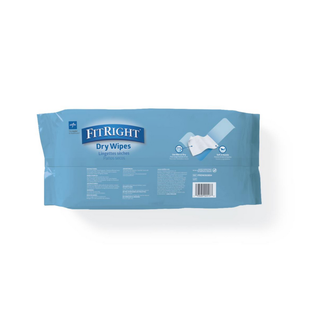 A blue package of FitRight Dry Wipes - Ultra-Soft Spunlace Fabric shows a hand holding a white wipe. The English and French packaging displays single-use and softness icons, and notes the wipes are fragrance-free.