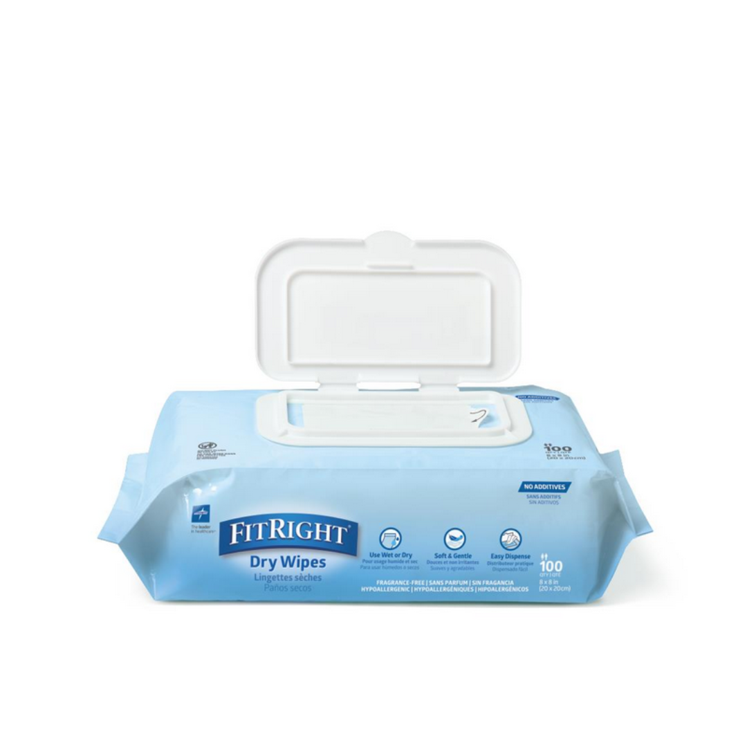 A package of FitRight Dry Wipes - Ultra-Soft Spunlace Fabric with a light blue design, white flip-top lid, fragrance-free, 100 count; packaging notes they can be used dry or wet for cleansing.