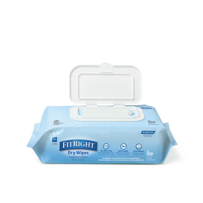 A package of FitRight Dry Wipes - Ultra-Soft Spunlace Fabric with a light blue design, white flip-top lid, fragrance-free, 100 count; packaging notes they can be used dry or wet for cleansing.