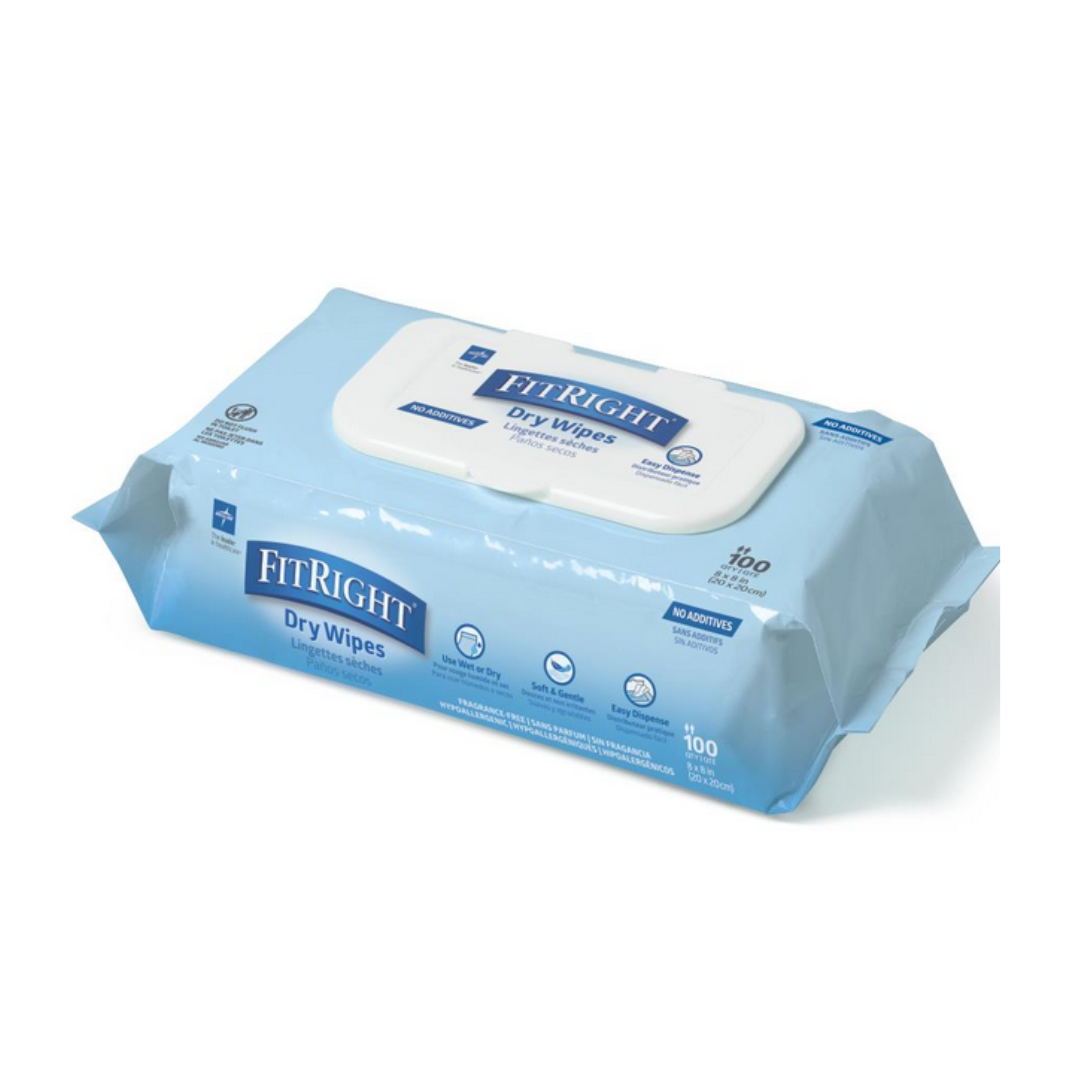 FitRight Dry Wipes - Ultra-Soft Spunlace Fabric come in a blue pack with a flip-top lid, hold 100 unscented wipes for sensitive skin, and feature product details on a white background.