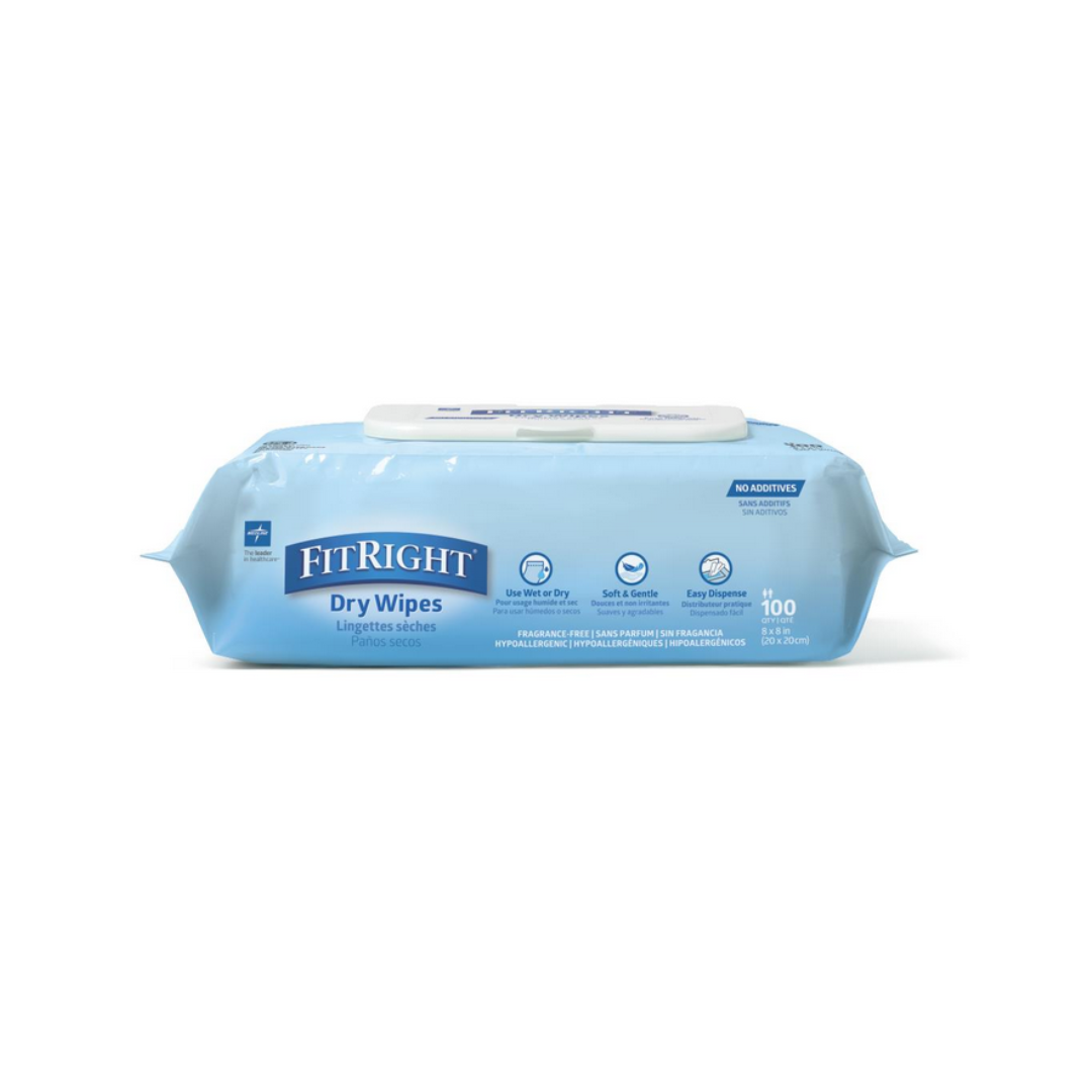 An unopened pack of FitRight Dry Wipes - Ultra-Soft Spunlace Fabric, with a light blue design showing the brand and product type. This fragrance-free 100-count package is perfect for gentle cleansing and sits on a white background.