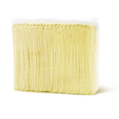 A clear plastic package holds several pairs of yellow latex gloves, stacked and visible through transparent wrapping, perfect for incontinence tasks with FitRight Unisex Essential Incontinence Briefs - Moderate Absorbency.