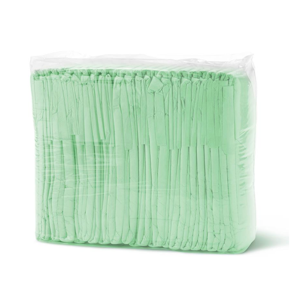 A transparent package tightly holds a stack of light green FitRight Unisex Essential Incontinence Briefs with moderate absorbency, clearly displaying the neatly arranged pads inside.