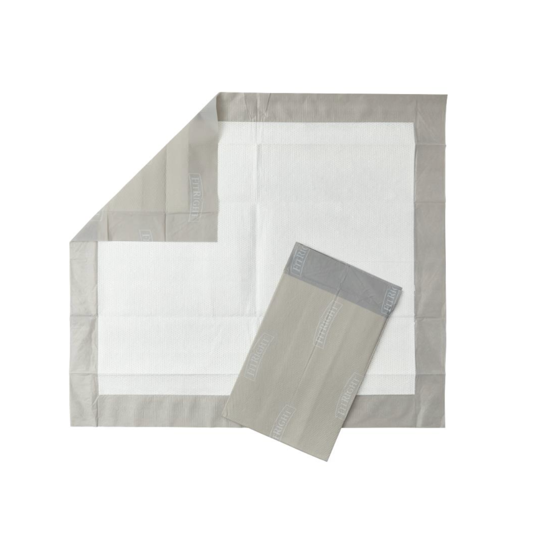Two FitRight Extended-Use Premium Underpads - Heavy Absorbency, one fully opened and one folded, featuring white centers with gray borders, are displayed on a white background.