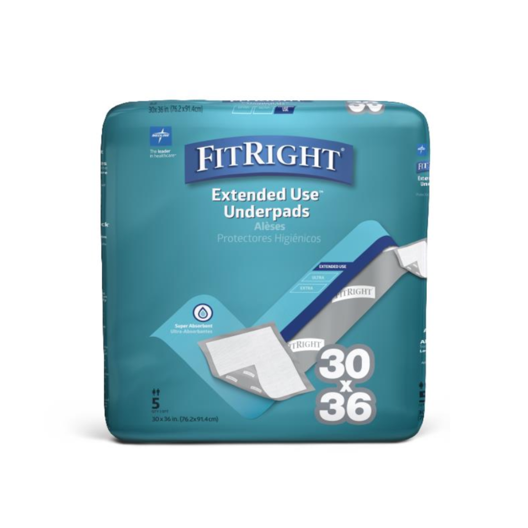 A package of FitRight Extended-Use Premium Underpads - Heavy Absorbency, 30 x 36 inches, in teal packaging that shows the pad layers and indicates there are 5 high absorbency bed pads included.