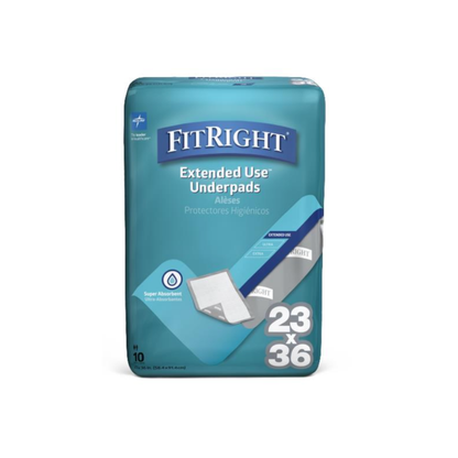 A bag of FitRight Extended-Use Premium Underpads, heavy absorbency, 23 x 36 inches, includes 10 leak-resistant pads. The teal package displays product details and an image of the underpad on the front.