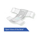 The illustration shows an open FitRight Extended Wear Stretch Brief with detailed layers, highlighted by a blue arrow labeled Open View of the Brief, featuring side flaps, a central absorbent core, and measurement lines indicating parts for superior overnight absorbency.