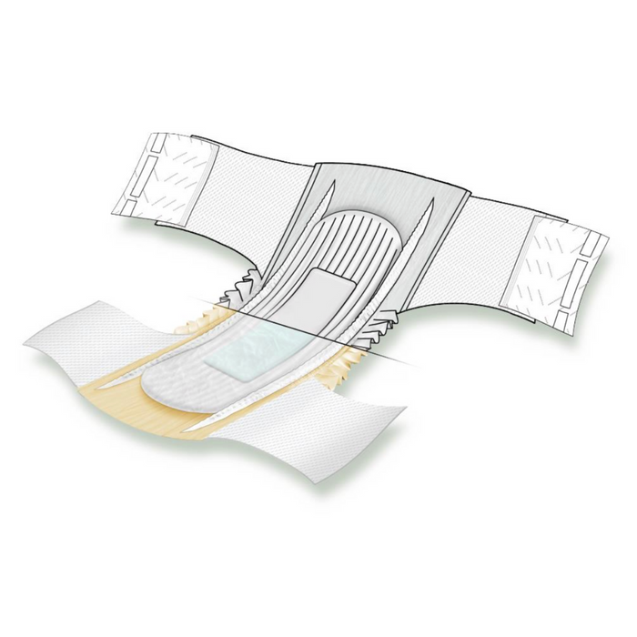 A cutaway view illustration of the FitRight Extended Wear Stretch Briefs - Overnight Absorbency, showing layers like the absorbent core and elastic sides. The white background highlights sections such as fastening tabs, perfect for incontinence briefs with odor control features.