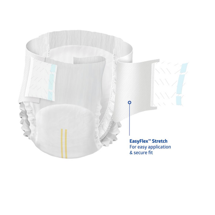 Illustration of FitRight Extended Wear Stretch Briefs - Overnight Absorbency, highlighting the EasyFlex Stretch feature for easy application and secure fit. The open brief shows stretchy side panels, an absorbent core, and a yellow wetness indicator stripe.