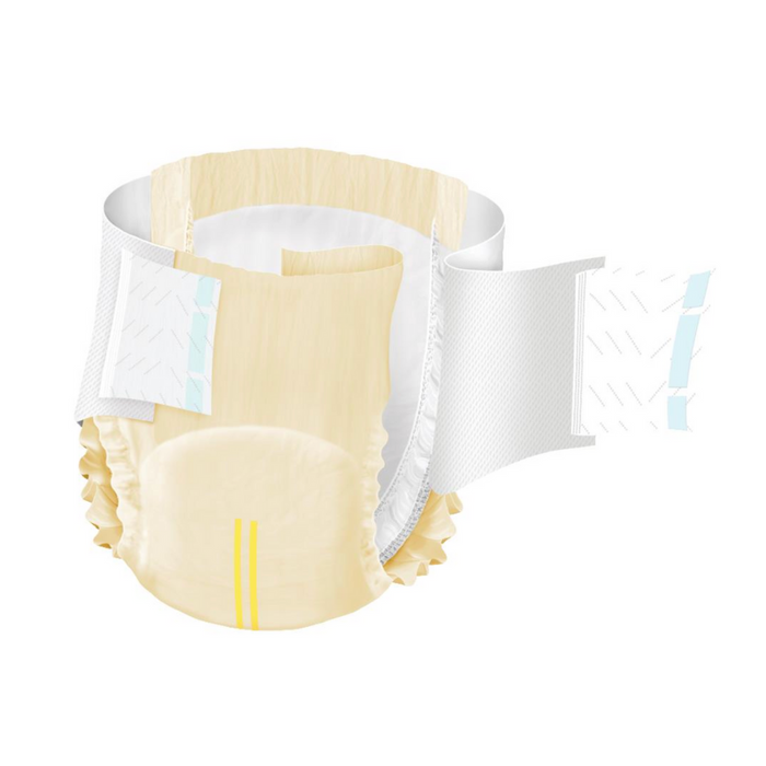 FitRight Extended Wear Stretch Briefs feature stretchable side tabs, elastic leg gathers, and a yellow wetness indicator. The absorbent core offers enhanced absorption and odor control. Tabs are partially attached to the front panel, set against a plain white background. Ideal for overnight use.