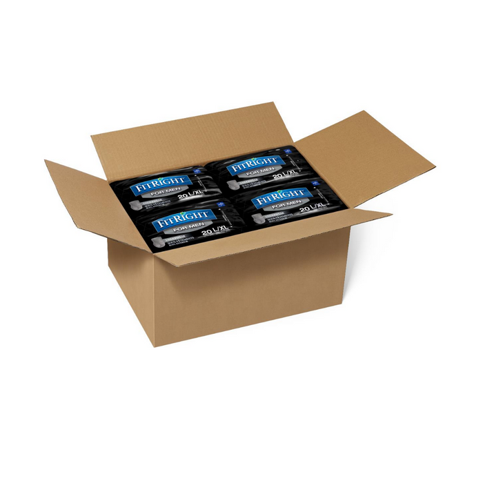 An open box reveals packages of FitRight ActivEdge Underwear for Men in sleek black packaging, labeled 20 L/XL. With odor control for confidence and a comfortable fit, these moderate absorbency protective underwear are set against a crisp white background.