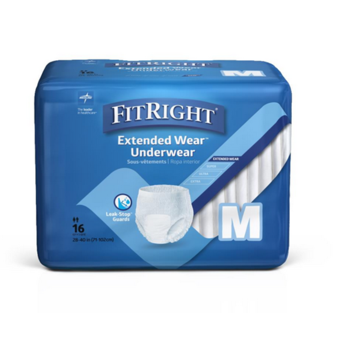 A blue package of FitRight Extended Wear Overnight Protective Pull-Up Underwear in size M contains 16 disposable briefs. It features a super absorbent core, anti-leak guards, and an image of the product on the front.
