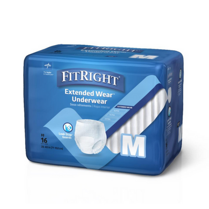 The blue packaging of FitRight Extended Wear Overnight Protective Pull-Up Underwear features a product image and a medium size label. With anti-leak guards and a super absorbent core, each package includes 16 count.