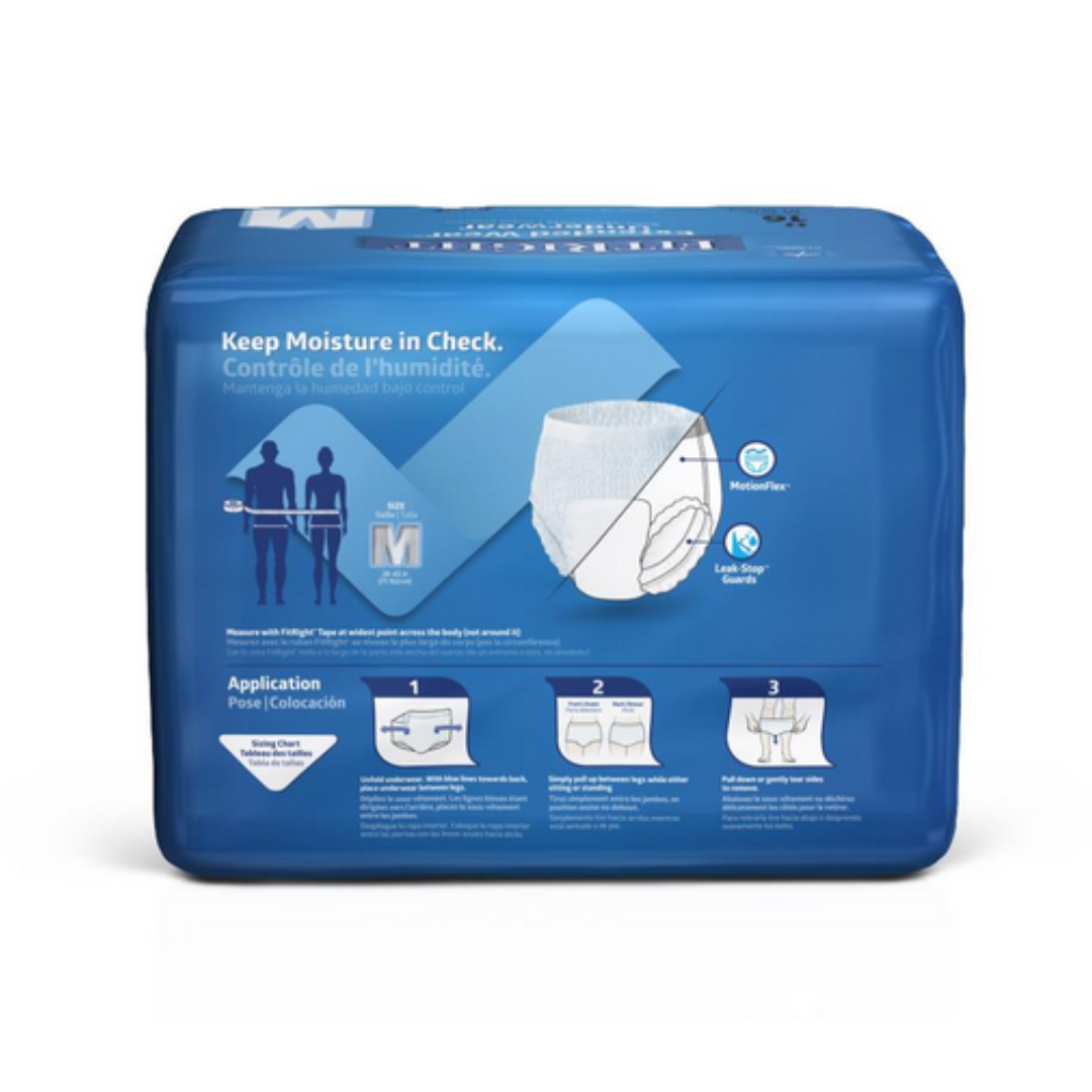 The image shows a FitRight Extended Wear Overnight Protective Pull-Up Underwear package for adults. The blue packaging highlights its super absorbent core and anti-leak guards for moisture control and leak protection. Diagrams show wearing instructions with Size M (Medium) clearly marked.