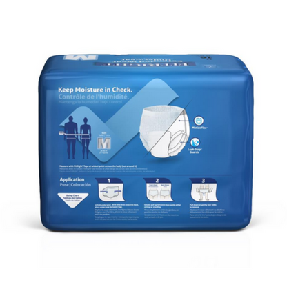 The image shows a FitRight Extended Wear Overnight Protective Pull-Up Underwear package for adults. The blue packaging highlights its super absorbent core and anti-leak guards for moisture control and leak protection. Diagrams show wearing instructions with Size M (Medium) clearly marked.