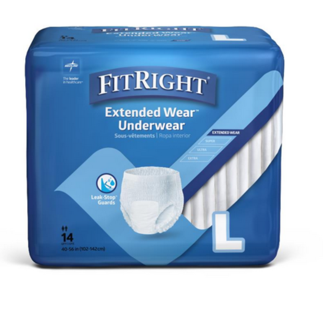 FitRight Extended Wear Overnight Protective Pull-Up Underwear, size L, fits waist 40-56 inches, features a super absorbent core and anti-leak guards. The blue package includes product images, multilingual text, and shows a quantity of 14.