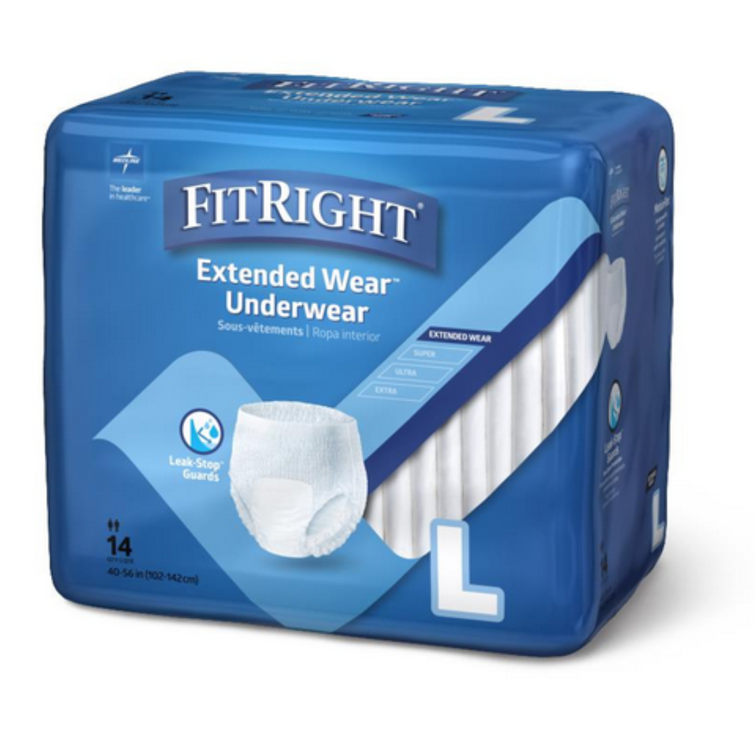 A blue package of FitRight Extended Wear Overnight Protective Pull-Up Underwear in large displays one brief with anti-leak guards. With a super absorbent core for comfort, it includes 14 pieces fitting waist sizes 40-56 inches.