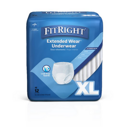 The FitRight Extended Wear Overnight Protective Pull-Up Underwear for adults, size XL, in blue packaging features anti-leak guards and a super absorbent core for maximum protection. Fits 56-68 inches (142-172 cm) with 12 per pack.