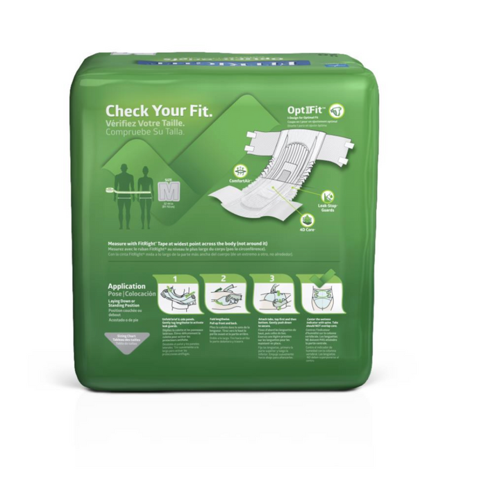 The green packaging of FitRight Unisex Plus Incontinence Briefs shows a medium-sized heavy-absorbency brief, fitting instructions, adjustable tab closures, and the OptiFit logo. Text is in English and French.