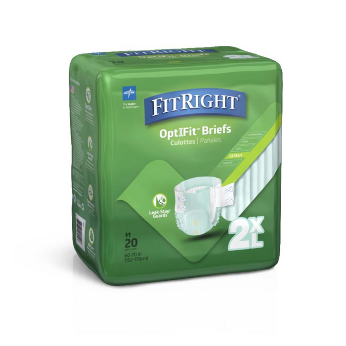 The image shows FitRight Unisex Plus Incontinence Briefs in a green pack with white and blue text, containing 20 heavy absorbency briefs for waist sizes 60-70 inches (152-178 cm), featuring Leak Stop Guards and adjustable tab closures.