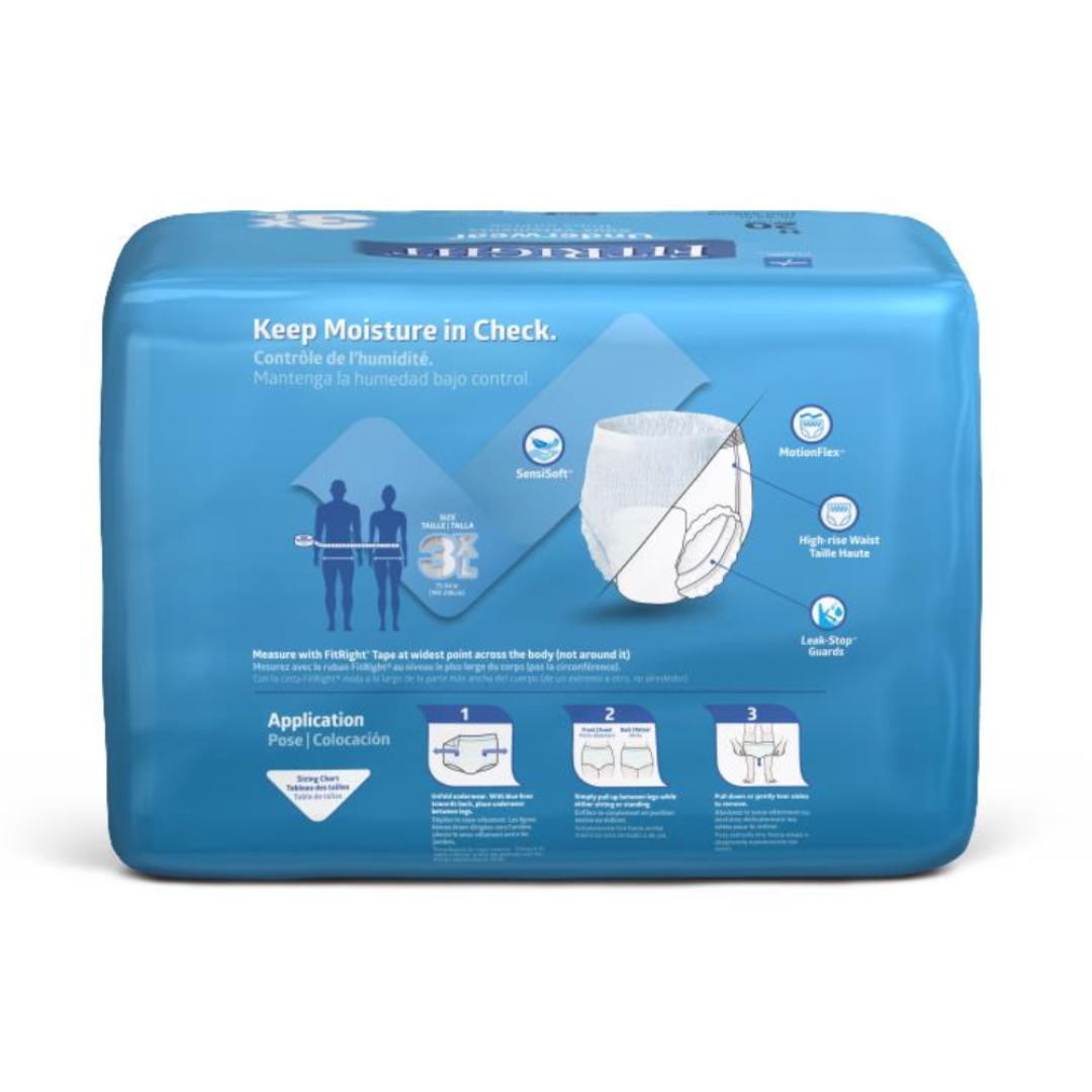 A 3XL blue package of FitRight Unisex Protective Underwear for adult incontinence showcases moisture control, size, and application diagrams. English and Spanish text highlights Keep Moisture in Check with advanced MoistureLock technology ensuring heavy absorbency.