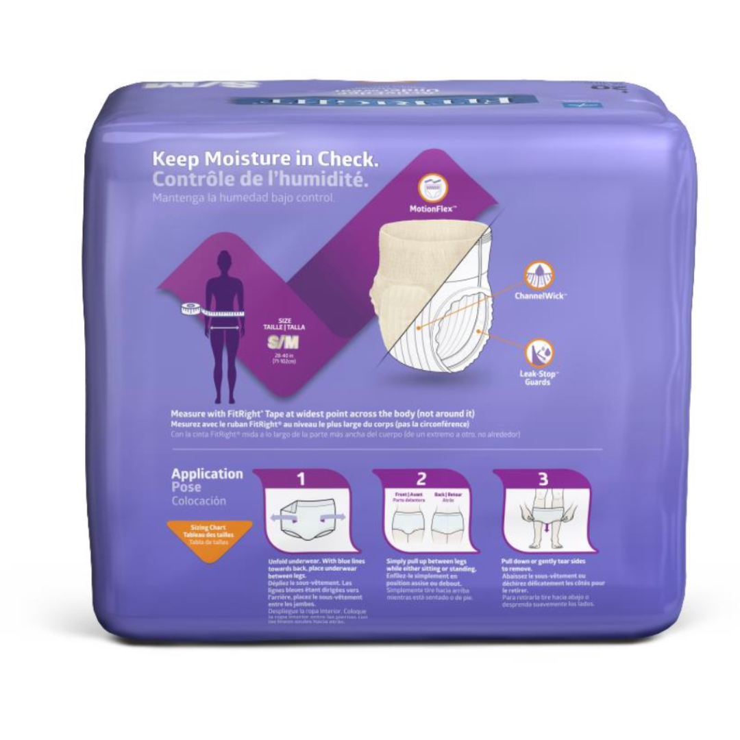 The FitRight Ultra Womens Incontinence Underwear in a purple package includes an absorbent core, ChannelWick tech, and anti-leak guards with sizing and application guidance. The text is provided in English and French for easy use.