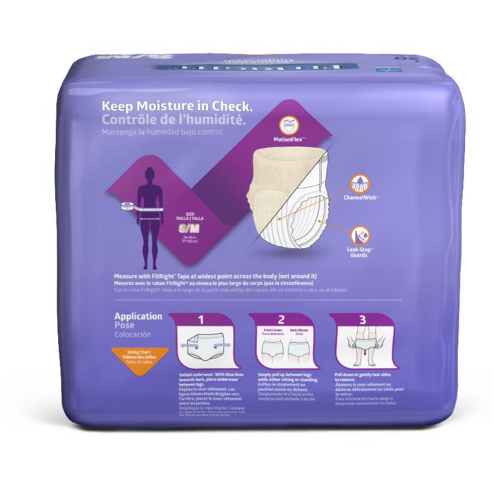 The FitRight Ultra Womens Incontinence Underwear in a purple package includes an absorbent core, ChannelWick tech, and anti-leak guards with sizing and application guidance. The text is provided in English and French for easy use.