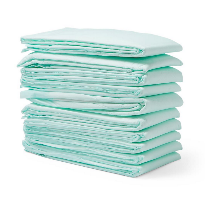 A stack of Medline FitRight Underpads, in light green with waterproof backing for added protection, is neatly folded and arranged on a white background. Designed for moderate or heavy absorbency.