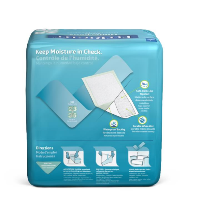A blue package of Medline FitRight Underpads (Moderate or Heavy Absorbency) displays diagrams and instructions, highlighting absorbency, odor control, soft cloth-like material, waterproof backing, and bilingual usage directions.