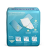 A blue package of Medline FitRight Underpads (Moderate or Heavy Absorbency) displays diagrams and instructions, highlighting absorbency, odor control, soft cloth-like material, waterproof backing, and bilingual usage directions.