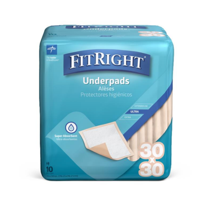 A pack of Medline FitRight Underpads, super absorbent, 30 x 30 in, includes 10 pads. The blue and white packaging displays product details in English, French, and Spanish.